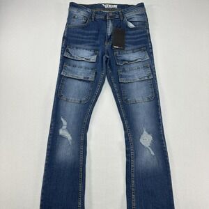 Genuine Jeans Mens 32x38 Blue Straight Cargo Pockets Distressed Denim GN3208